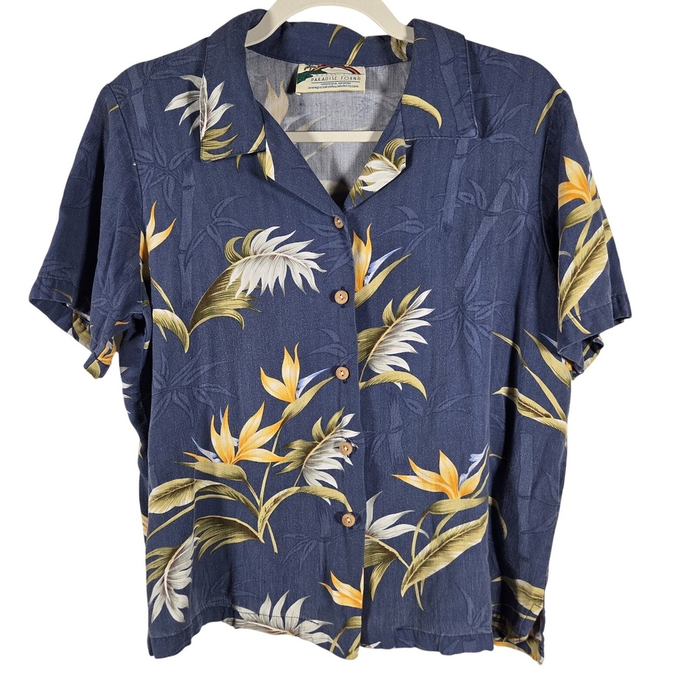 Paradise Found Shirt Womens L‎ Blue Bird of Paradise Rayon Hawaiian Camp Aloha